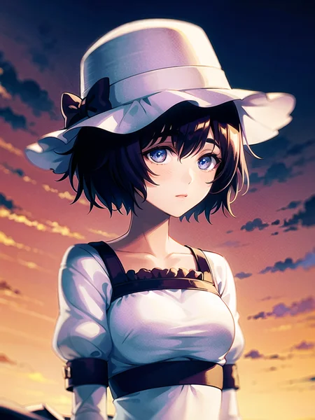 1girl, solo,(best quality),(masterpiece:1.1), hat, dress, looking_at_viewer, neck_ribbon, cute, clear facial skin,