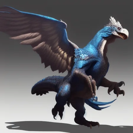 {feralplmr}} a hyper realistic illustration of a huge monster eagle hybrid, feathers glow in the dark, fractal moonlight, little dragon with glowing scales, award - winning, masterpiece, {{scales, claws, anthro}}, {{high quality}}, epic , photorealism, furred dragon