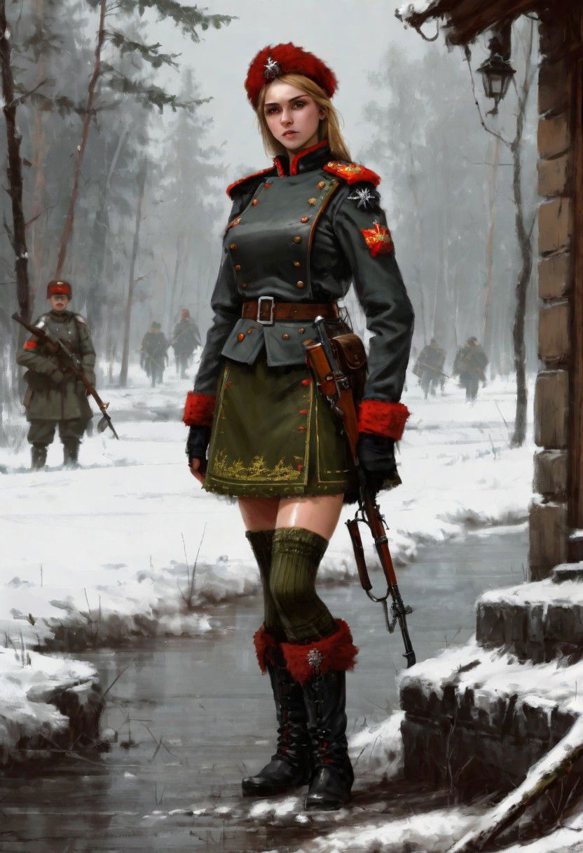 beautiful slim large-breast young heavy-armor female Russian soldier, skirt, long socks, boots, digital painting in jrst artstyle