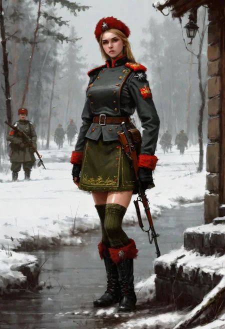 beautiful slim large-breast young heavy-armor female Russian soldier, skirt, long socks, boots, digital painting in jrst artstyle