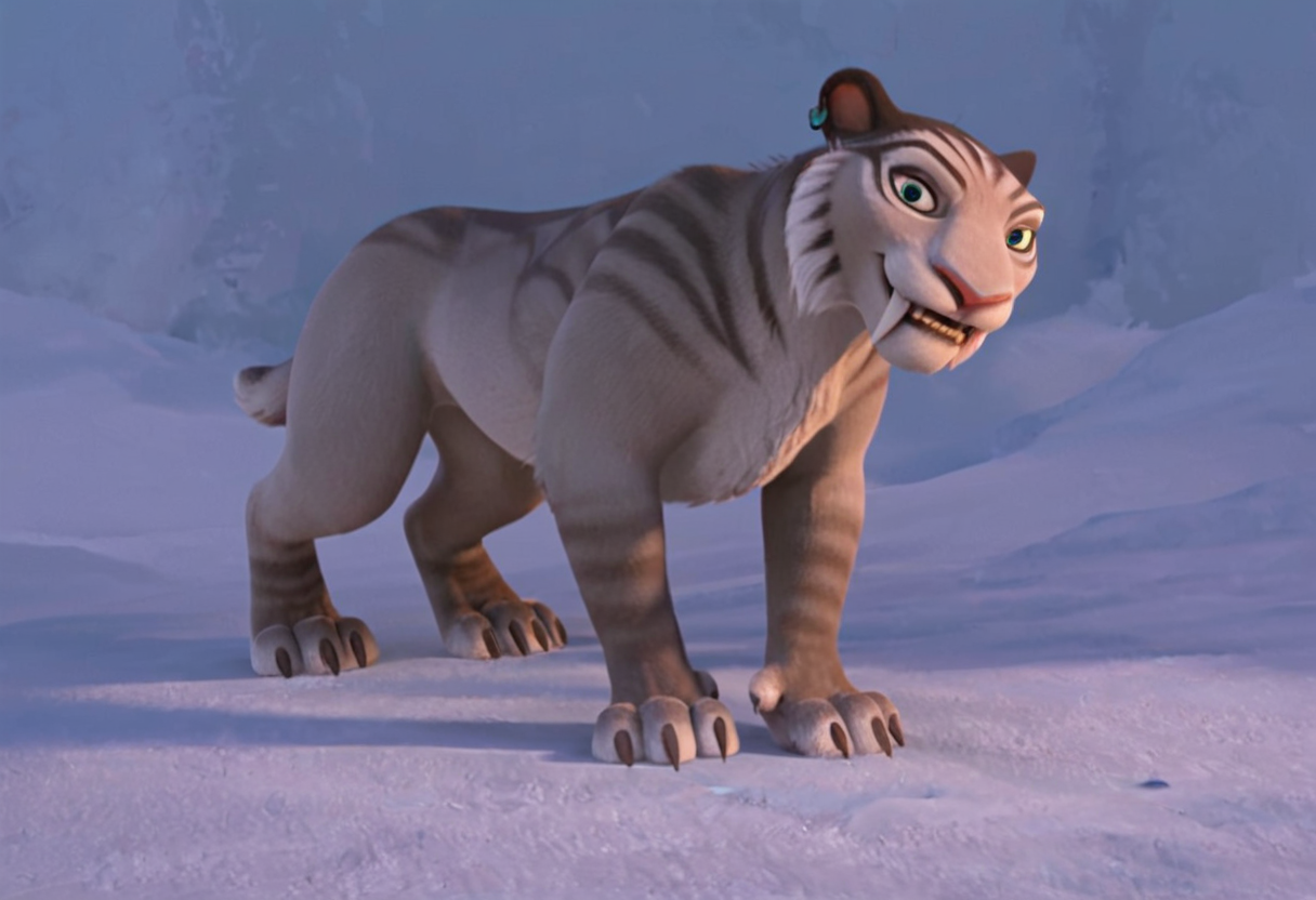 score_9, score_8_up, score_7, score_6_up, score_5, 
snow and ice and forest walls in background, solo,
<lora:J_cartoon:0.6>
 <lora:Furry_Lora_Shira_Ice_Age:0.6>
BREAK
(shira:1.2, saber-tooth tiger),  fangs, green eyes, ice age, furry body, silver-grey fur with black stripes, 
smiling at viewer