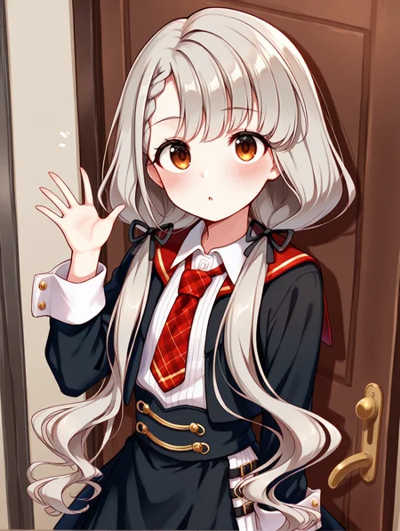 masterpiece,best quality,very aesthetic,absurdres,highres,newest,
hskwng blackdress,hisakawa nagi, asymmetrical bangs,belt,belt buckle,black belt,black dress,black ribbon, blush,braid,buckle, collared shirt,dress, eyelashes,brown eyes,grey hair, hair ribbon,long hair,long sleeves,low twintails, necktie,parted lips,plaid necktie,red necktie, red sailor collar,ribbon,sailor collar,shirt,
eye_focus,<lora:eye_focus:1>,
<lora:idolmaster_hisakawa_nagi_idoloutfit_ill_v1.0:1>,