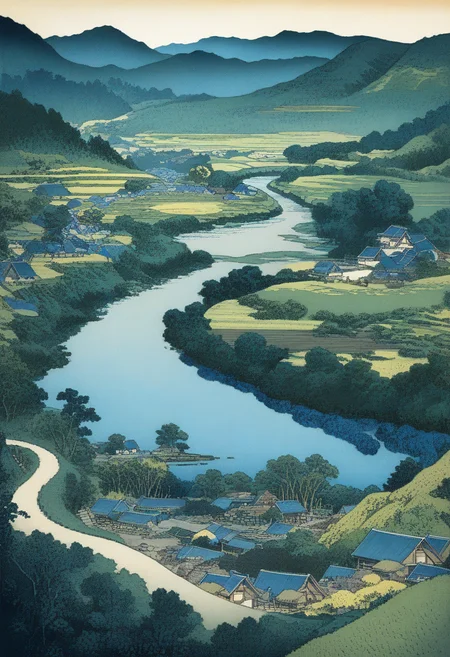 panoramic scenery, village, river, outdoors, (best quality), highly detailed, KHsty-XL <lora:KHsty-XL-v3-AN-000020:0.7>