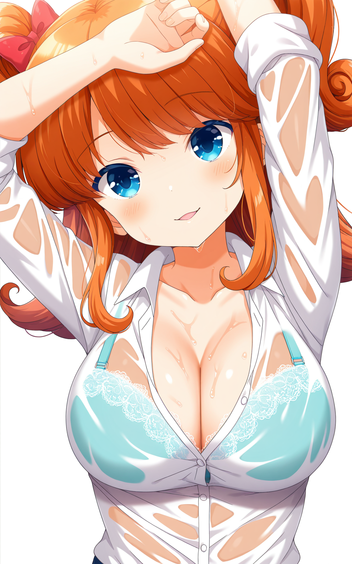 masterpiece,best quality,good quality,newest,4k,perfect lighting,cinematic,very aesthetic,official art,anime screencap,anime coloring,(((white background, simple background))),
1girl,solo,sagara emi,orange hair,long hair,two side up,bangs,hair bow,blue eyes,large breasts,cleavage,
seio school uniform,(white shirt,long sleeves,sleeves rolled up),collarbone,upper body,wet, wet clothes, wet shirt,bra visible through clothes, 
looking at viewer,seductive smile,blush,naughty face,parted lips,head tilt,lying,on back,arms up,from above,BREAK
<lora:ILemi:1>