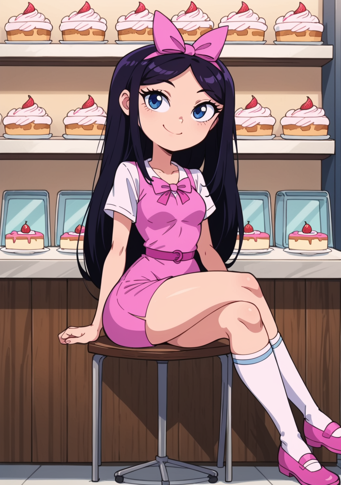score_9, score_8_up, score_7_up, BREAK, masterpiece, highres, Isabellapony, 1girl, solo, black hair, long hair, hips, smile, blue eyes, pink dress, purple chest pocket, white undershirt, pink hairbow, white socks, pink footwear, smile, sitting, crossed legs, cake shop, cake,  chair, looking at to the side, full body, cowboy shot,<lora:isabella_garcia-shapiro:0.8>