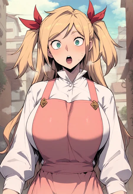 score_9, score_8_up, score_7_up, score_6_up, source_anime, rating_explicit, 1girl, solo, huge breasts, <lora:Euphemina2 prefectPonyxl:1> blonde hair, long hair, two side up, hair ribbon, red ribbon, green eyes, blue eyes, white shirt, long sleeves, pink apron, surprised, open mouth, Narrow shoulders, heavy breathing, steaming body, alley, outdoors, looking at viewer