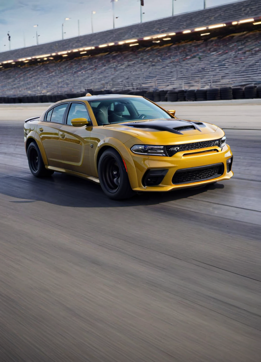 yellow chargerhellcatsrt driving at a race track, action scene, in motion, tire smoke, dust, motion blur, dramatic scene, spotlight,
 <lora:ChargerHellcatSDXL:1>