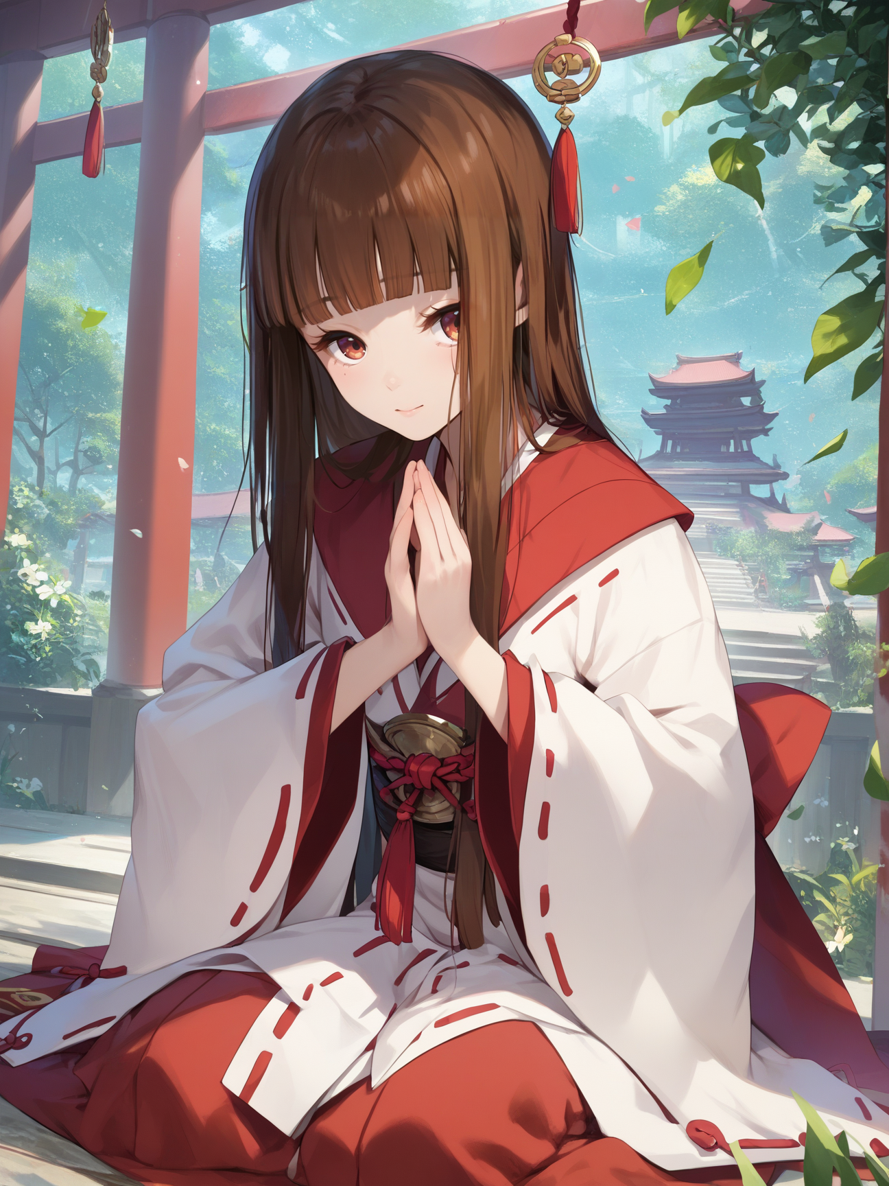 score_9, score_8_up, score_7_up, score_6_up, score_5_up, score_4_up, source_anime,
1girl, hime style hair <lora:hime_style_hair-PD-1.0-pruned:1>, brown hair, kneeling, miko, praying, temple
