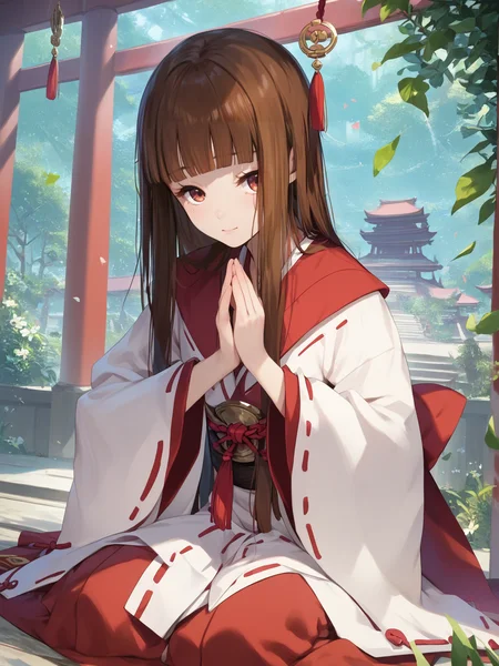 score_9, score_8_up, score_7_up, score_6_up, score_5_up, score_4_up, source_anime,
1girl, hime style hair <lora:hime_style_hair-PD-1.0-pruned:1>, brown hair, kneeling, miko, praying, temple