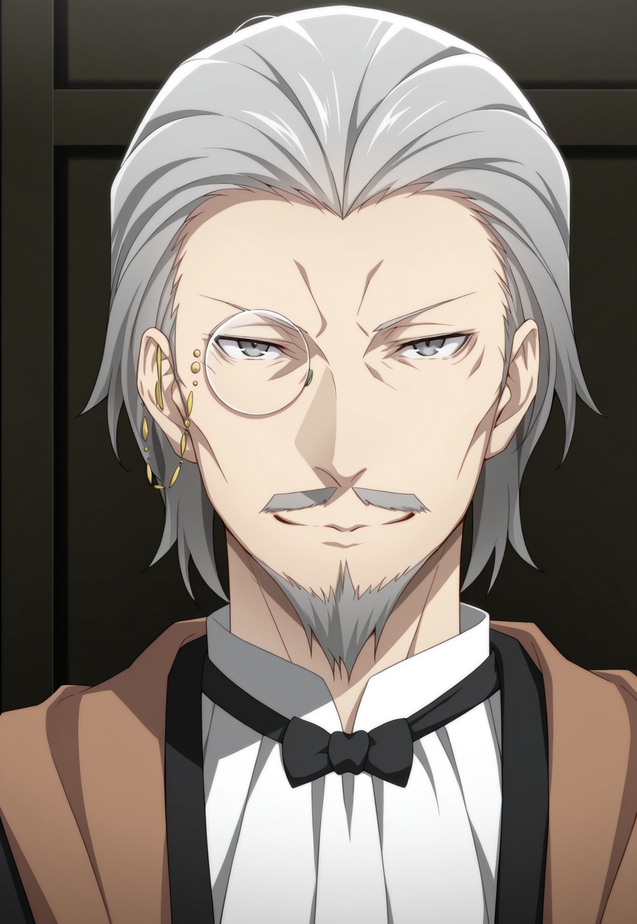 solo, masterpiece, modern, new, 1boy, male, masculine face, daddy looking face,

BSDHirotsu, grey hair, mustache, beard, monocle, bow, scarf, bow, white shirt, black coat, portrait, headshot, looking at viewer, smiling