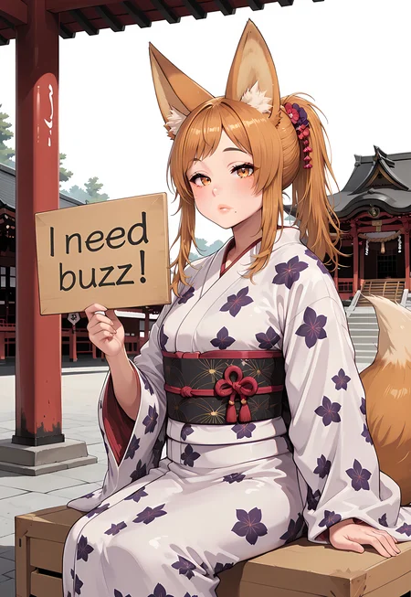 Nemeko, fox ears, animal ear fluff, mole under mouth, long hair, tail, ponytail, kimono, sitting on the box, need_buzz, holding sign, looking at viewer, solo, shrine, masterpiece, best quality, amazing quality, absurdres, dynamic light, daylight
