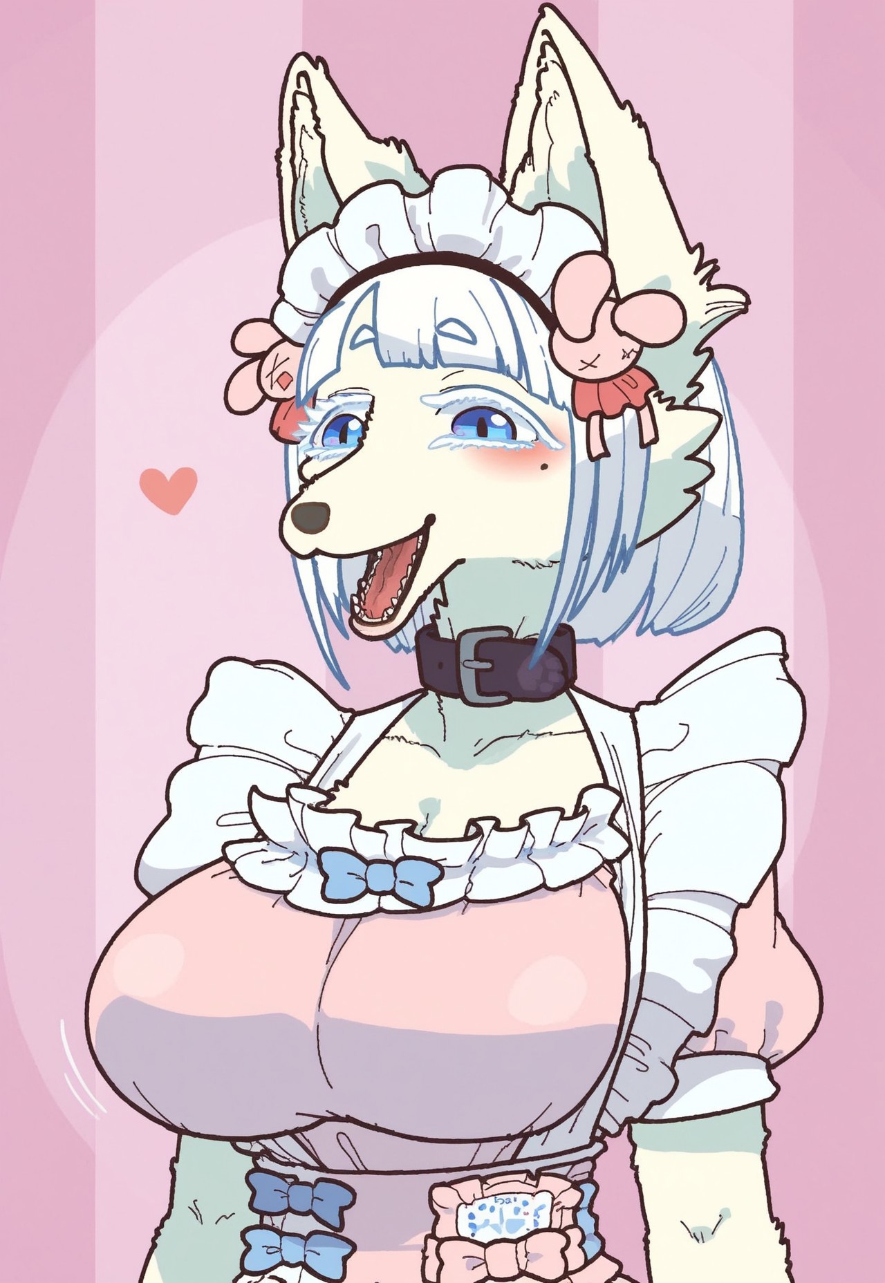 safe_pos, safe_pos, score_9, score_8_up, score_8. score_9, score_8_up, score_7_up, score_6_up, masterpiece, 4k, high quality, (best quality:1.1), ExpressiveH, 
BREAK
1girl, dress, breasts, wrist cuffs, collarbone, happy, puffy sleeves, mole under eye, blue eyes, looking at viewer, facing viewer, front view, narrowed eyes, grin, fox ears, open mouth, frills, body fur, furry female, animal nose, pink dress, black glooves, hearts, Forming heart with fingers, tail, white hair, blue hair, blunt bangs, furry, animal ears, huge breasts, Arching back, (from chest up), bouncing breasts, pink background, portait, cute, blushing
