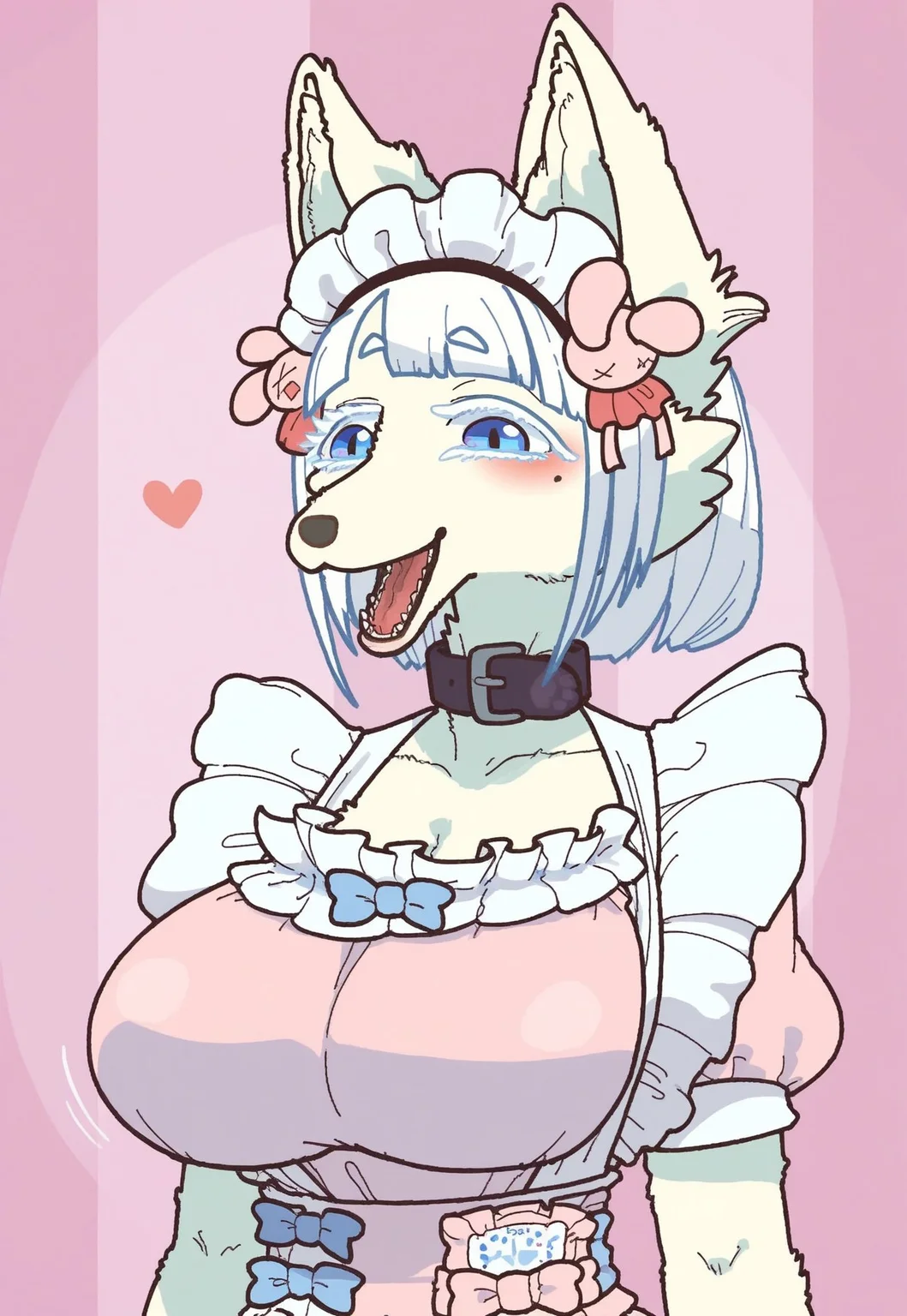 safe_pos, safe_pos, score_9, score_8_up, score_8. score_9, score_8_up, score_7_up, score_6_up, masterpiece, 4k, high quality, (best quality:1.1), ExpressiveH,
BREAK
1girl, dress, breasts, wrist cuffs, collarbone, happy, puffy sleeves, mole under eye, blue eyes, looking at viewer, facing viewer, front view, narrowed eyes, grin, fox ears, open mouth, frills, body fur, furry female, animal nose, pink dress, black glooves, hearts, Forming heart with fingers, tail, white hair, blue hair, blunt bangs, furry, animal ears, huge breasts, Arching back, (from chest up), bouncing breasts, pink background, portait, cute, blushing