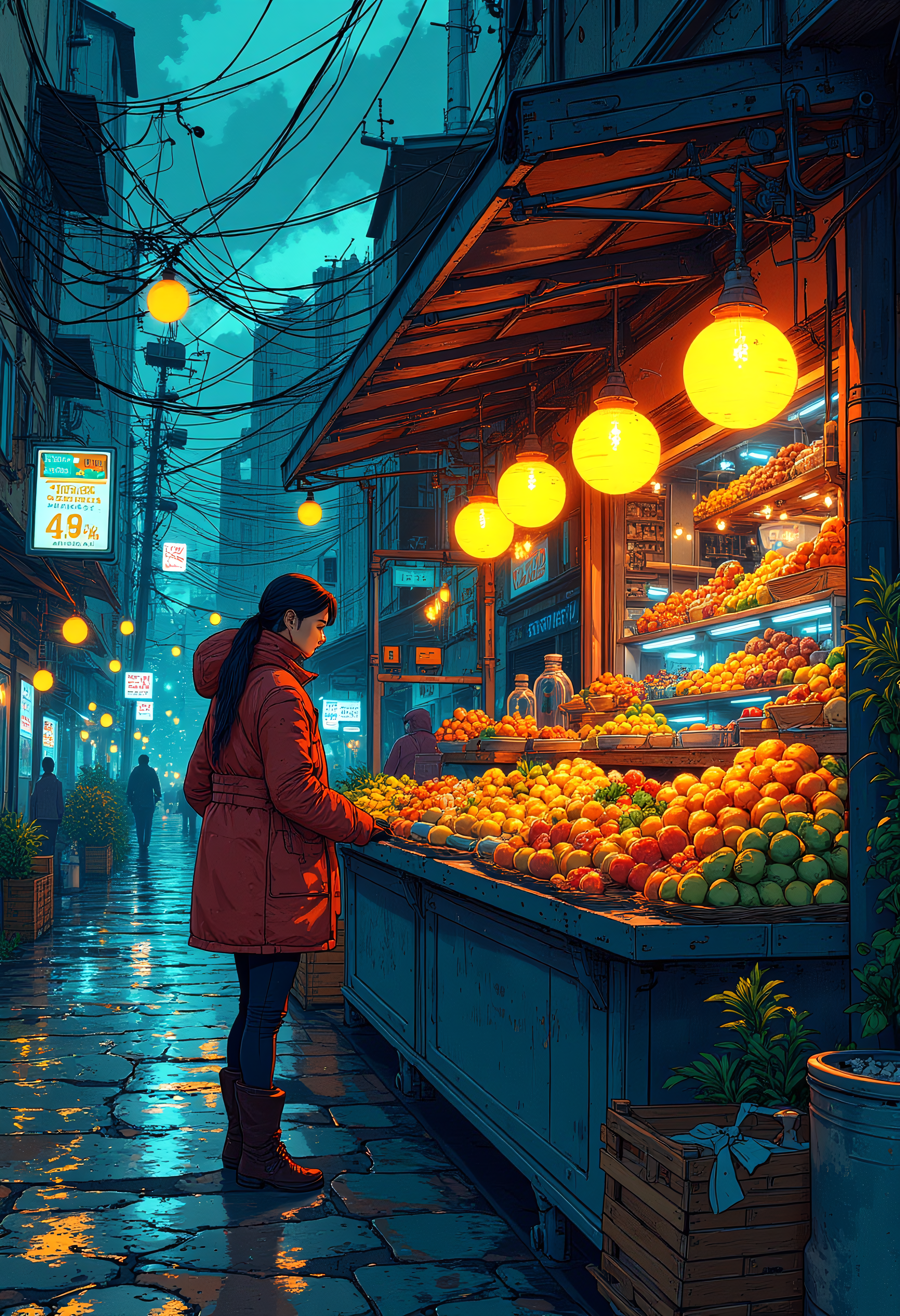 Cyberpunk fruit seller in a cyberpunk ghetto