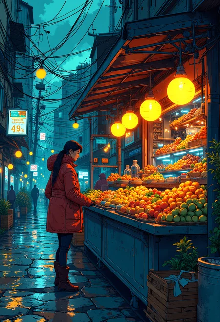 Cyberpunk fruit seller in a cyberpunk ghetto