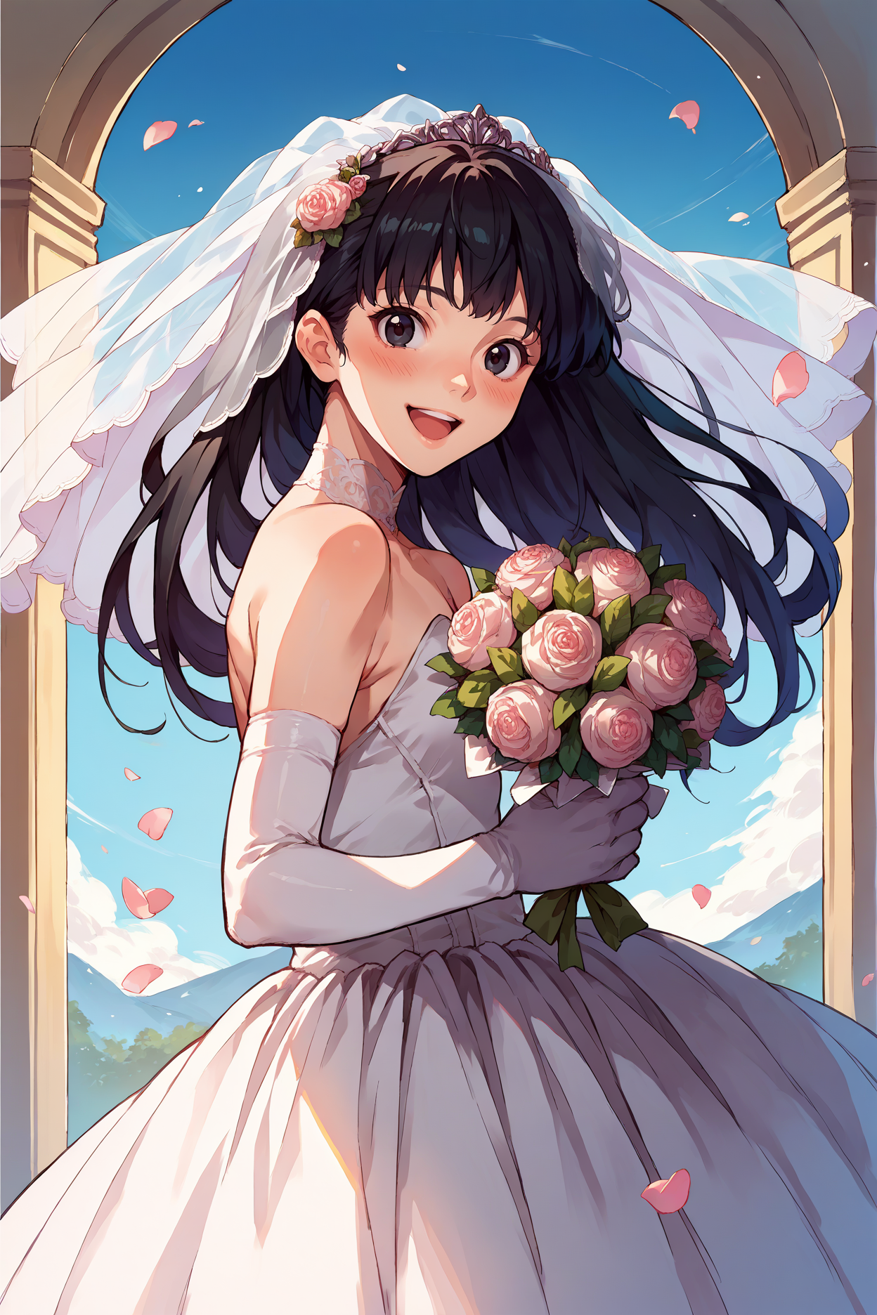 score_9, score_8_up, score_7_up, score_6_up, source_anime, 1girl, solo, <lora:tsukasaayatsuji-pdxl-nvwls-v1-000005:1> amagamitsu, black hair, long hair, black eyes, wedding dress, bridal veil, elbow gloves,holding bouquet, happy, open mouth, blush, looking at you, from side, blue sky, meadow