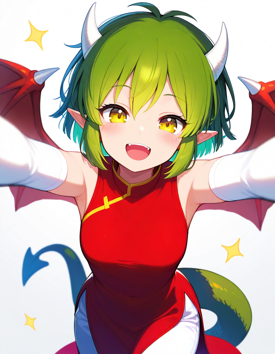 <lora:Pdoraco_SDXL_Illustrious01_fp16_ver02:1>,PdoracoR, 1girl,green hair, horns, red dragon wings,green dragon tail,yellow eyes,green hair,short hair,red china dress, white elbow gloves, white pants,smile,open mouth,close eyes,looking at viewer,  <lora:HairintakesEraser_v01_illustrious_10steps:2>, masterpiece, best quality, very aesthetic, absurdres,<lora:detailed_hands:1>,hand