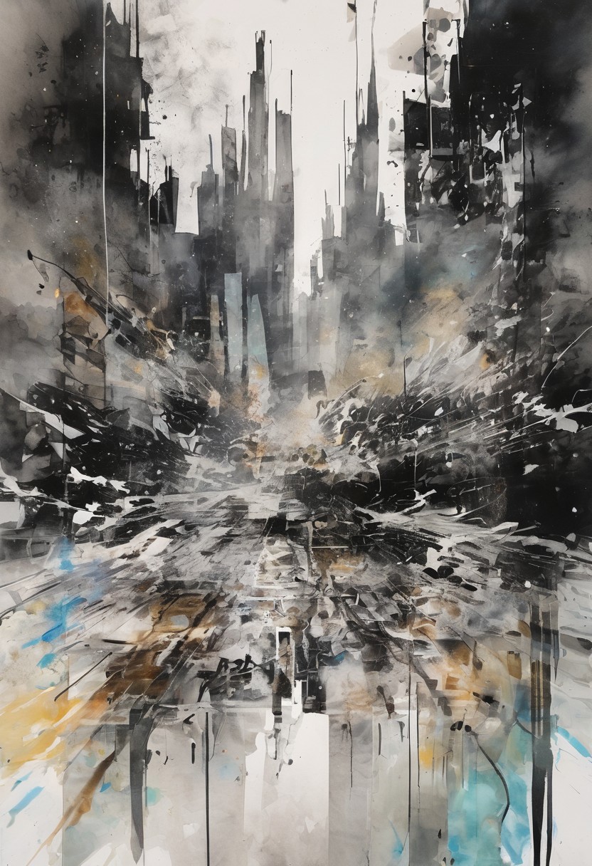 void, left blank, vacant space, ultra fine painting, water wash ink splash, cyberpunk bark mega city, unbalance composition