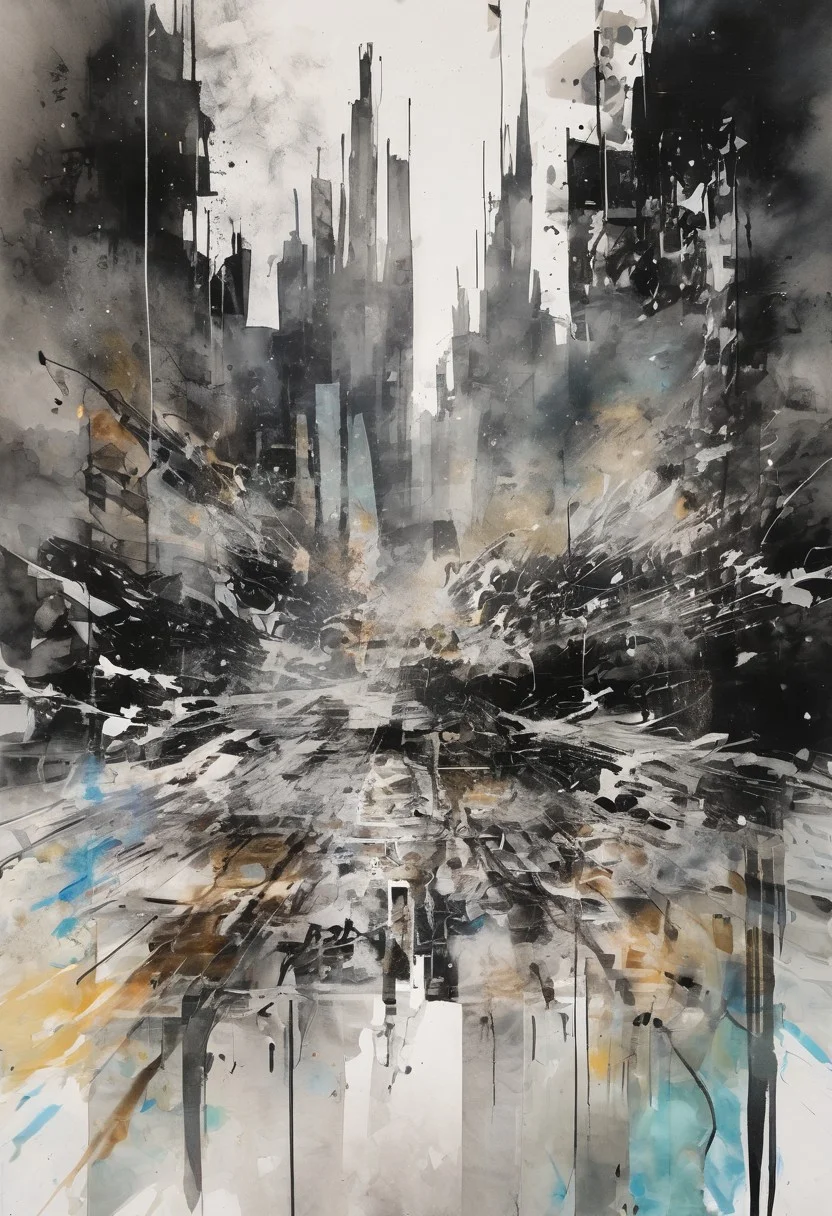 void, left blank, vacant space, ultra fine painting, water wash ink splash, cyberpunk bark mega city, unbalance composition
