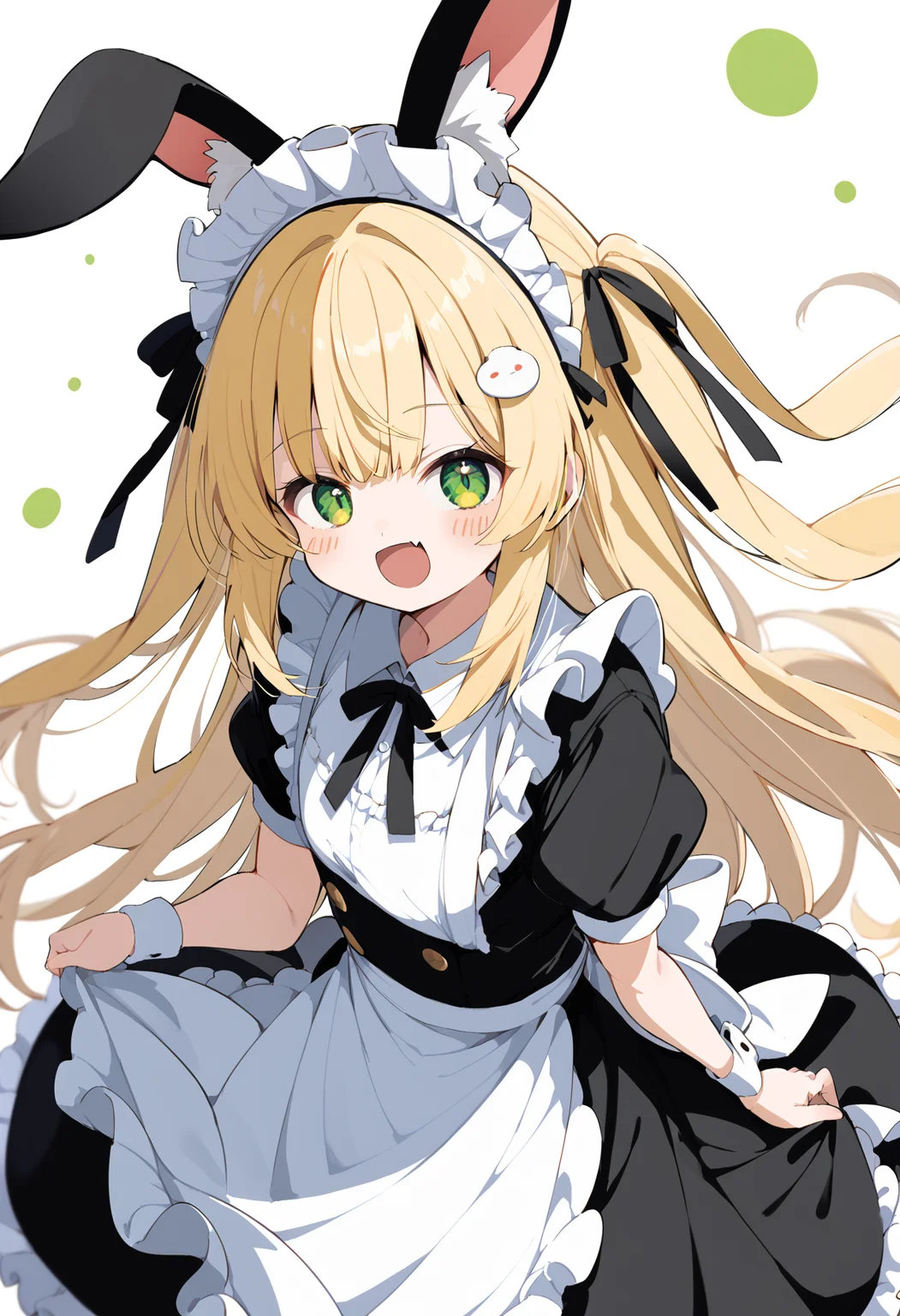 score_9, score_8_up, score_7_up, source_anime BREAK 1girl, solo, rabbit ears, maid, smile, frilled apron, white shirt, black skirt, green eyes, white apron, animal ears, blush stickers, :d, simple background, alternate costume, animal ear fluff, puffy sleeves, holding, skirt, enmaided, long hair, hair ornament, wrist cuffs, short sleeves, waist apron, open mouth, collared shirt, puffy short sleeves, shirt, frills, white background, fang, apron, very long hair, fake animal ear, maid headdress, blonde hair
<lora:Siro9_pony:1>