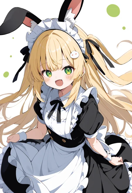 score_9, score_8_up, score_7_up, source_anime BREAK 1girl, solo, rabbit ears, maid, smile, frilled apron, white shirt, black skirt, green eyes, white apron, animal ears, blush stickers, :d, simple background, alternate costume, animal ear fluff, puffy sleeves, holding, skirt, enmaided, long hair, hair ornament, wrist cuffs, short sleeves, waist apron, open mouth, collared shirt, puffy short sleeves, shirt, frills, white background, fang, apron, very long hair, fake animal ear, maid headdress, blonde hair
<lora:Siro9_pony:1>
