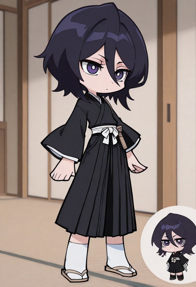 masterpiece, best quality, hires, absurdres, anime screenshot, 1girl, solo, bcrka, black hair, short hair, hair between eyes, dark purple eyes, black kimono, white sash, black hakama, wide sleeves, socks, zouri, zzzemoji, chibi