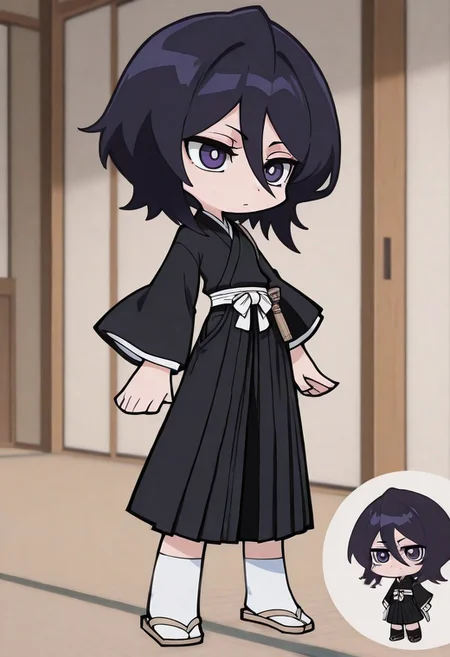 masterpiece, best quality, hires, absurdres, anime screenshot, 1girl, solo, bcrka, black hair, short hair, hair between eyes, dark purple eyes, black kimono, white sash, black hakama, wide sleeves, socks, zouri, zzzemoji, chibi