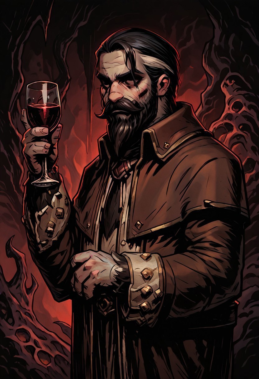 masterpiece, best quality, newest, absurdres, highres, black eyes, shaded eyes, solo, solo focus, TTCSV1.0
A-LMWRE-V1.1, 1boy, old man, robe, buttoms, beard, mustache, facial hair, multicolored hair, coat, two-tone hair, long sleeves, brown robe, black hair,
wine, wine glass, drinking glass, holding glass,