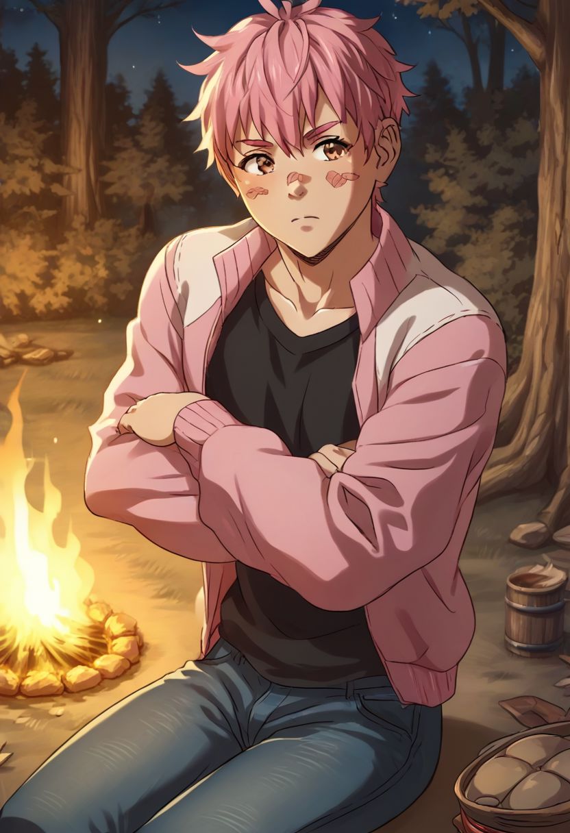 score_9, score_8_up, score_7_up, detailed, source_anime, official artstyle, by Ichan01, IgnitionCrisis, 1boy, male focus, solo, medium hair, bangs, pink hair, brown eyes, shy, black and pink jacket, black t-shirt, black jeans, sitting, cowboy shot, crossed arms, forests, campfire, outoors, detailed face, (((textless, no watermark:1.5))), (clean image:1.2)