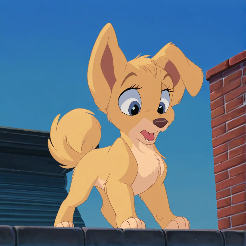 (masterpiece), (best quality), (ultra-detailed), amazing quality, very aesthetic, illustration, perfect composition, intricate details, absurdres, incredibly absurdres, angellat, tail, 1girl, solo, open mouth, animal ears, outdoors, sky, blue sky, no humans, animal, looking down, furry, furry female, retro artstyle, 1990s \(style\), 1980s \(style\), dog, yellow fur, body fur, blue eyes <lora:angellt_illustrious:1>