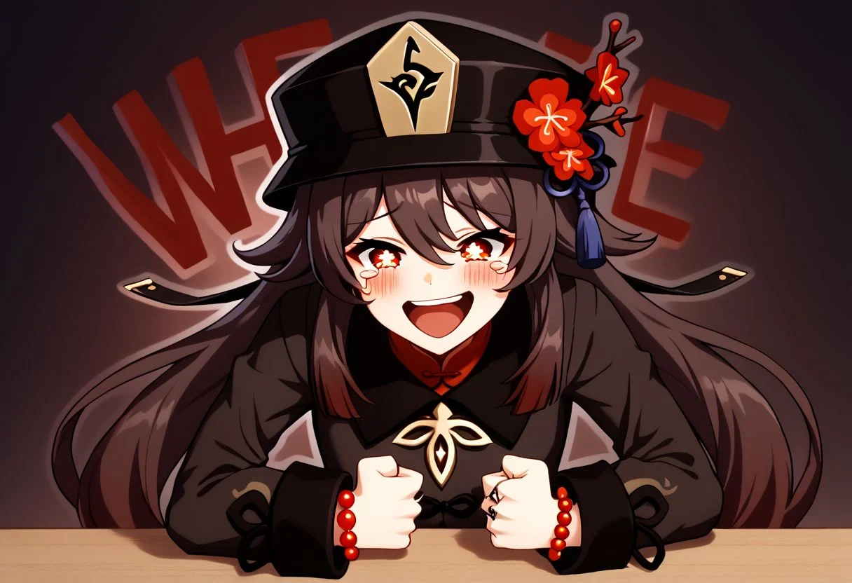 Wheeze, open mouth, tears, laughing, HuTao_DskFll, 1girl, solo, long hair, blush, smile, open mouth, brown hair, shirt, red eyes, long sleeves, hat, hair between eyes, twintails, jewelry, upper body, flower, nail polish, bracelet, symbol-shaped pupils, black headwear, chinese clothes, ring, red shirt, black nails, beads, ghost, hat flower, bead bracelet, flower-shaped pupils, plum blossoms, hu tao (genshin impact), hand on table, english text, clenched hand BREAK PonyXLV6_Scores