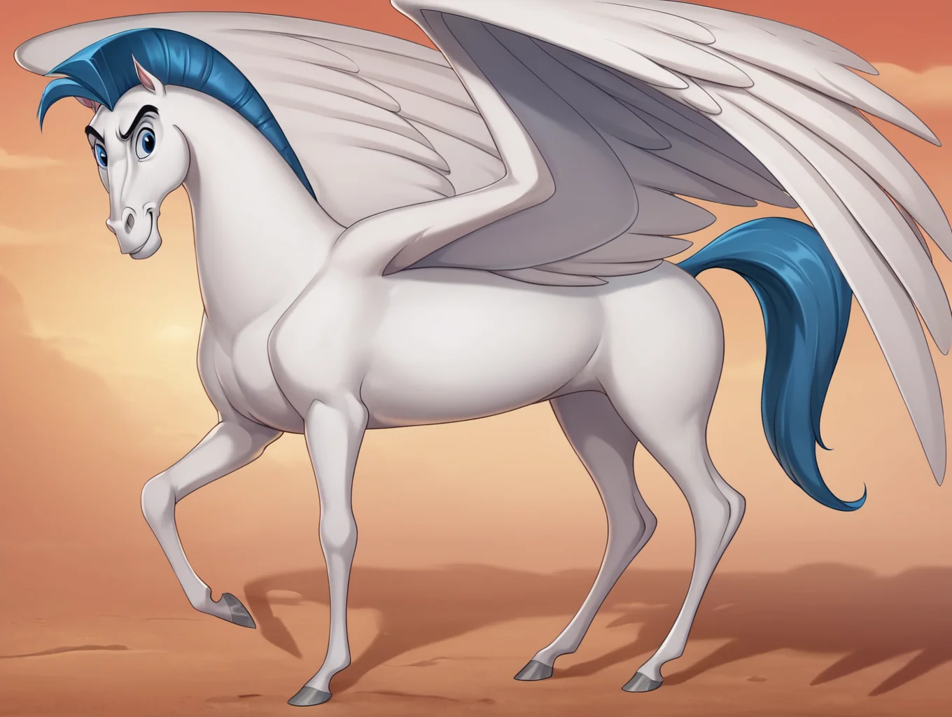 score_9, score_8_up, score_7_up, toon \(style\),ultra high quality,ultra high resolution,ultra ,full body, seductive, very realistic,(extremely detailed), detailed background,,(masterpiece, best quality, high quality, highres, ultra-detailed),toon (style), flat color, <lora:Pegasus_Hercules:0.80> pegasus, white fur, blue mane, white wings, blue tail, hooves, grey hooves, large wings, blue eyes, smirk, feral,all fourl,