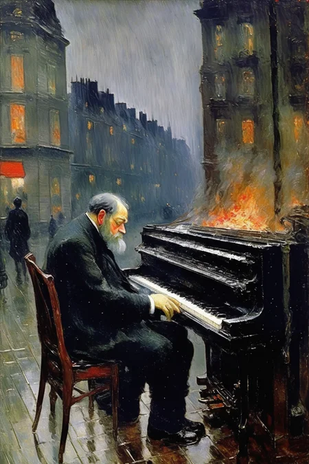 <lora:Konstantin Korovin Style:1>Konstantin Korovin Style - It is Paris, 1918. It is raining. Claude Debussy is an old man. He is dying. He sits at his piano, gazing out the window onto the Parisian street. In the distance we see German warplanes and burning buildings. Early 20th century impressionist.
