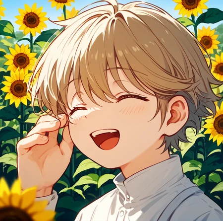 score_9,score_8_up,score_7_up,score_6_up,best aesthetic,absurdres,intricate details,best quality,masterpiece,source_anime,anime coloring,male focus,solo_focus,<lora:Farma_de_Médicis:1> 1boy, laughing , blond hair, short hair, kid, boy, 10 years old, in garden laying on ground, sniff on sunflower in his hand