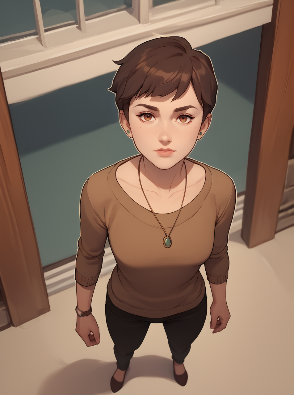 score_9, score_8_up, score_7_up, 1girl, cartoon, western animation, looking at viewer, flat colors, outline, standing, full body, from above, <lora:ellenkpxl:1>, ellenkpxl, short hair, brown hair, brown sweater, necklace