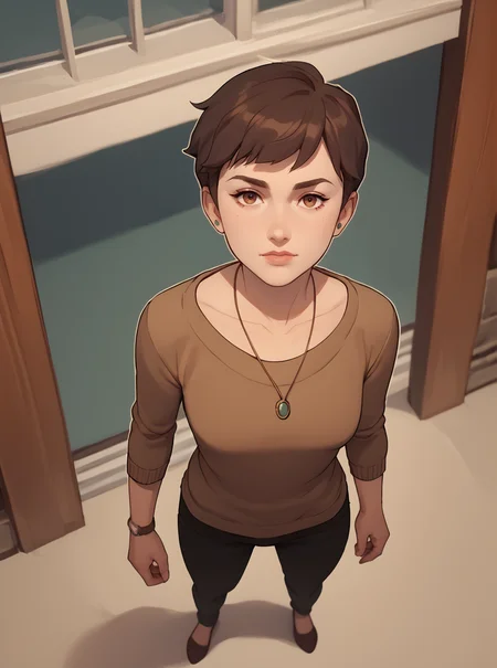 score_9, score_8_up, score_7_up, 1girl, cartoon, western animation, looking at viewer, flat colors, outline, standing, full body, from above, <lora:ellenkpxl:1>, ellenkpxl, short hair, brown hair, brown sweater, necklace