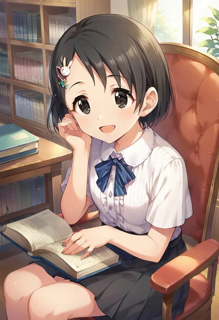 score_9, score_8_up, score_7_up, source_anime,sasaki chie, short hair, black hair, black eyes, 1girl, solo, hair ornament, smile, hairclip, rabbit hair ornament, book, sitting, chair, open mouth