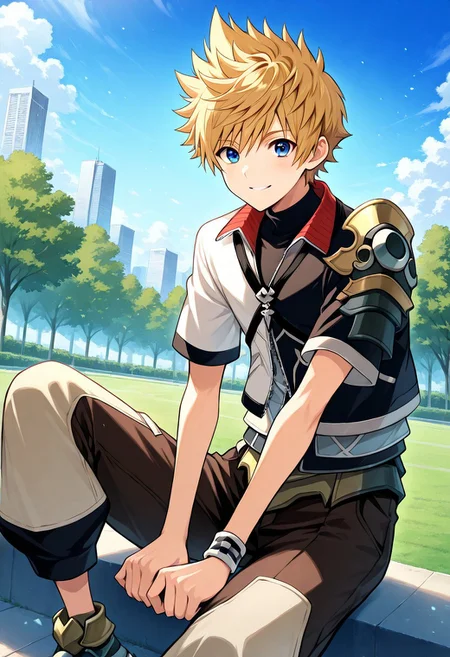 score_9, score_8_up, score_7_up, source_anime, prefect lighting, very aesthetic, intricate details, highly detailed background, masterpiece, high quality, prefect hands, best quality, ventus, 1boy, male focus, solo, blue eyes, blonde hair, spiked hair, shirt, black shirt, turtleneck, jacket, multicolored jacket, multicolored clothes, black jacket, white jacket, lapels, red lapels, zipper, zipper pull tab, short sleeves, shoulder armor, wristband, multicolored pants, black pants, brown pants, capri pants, shoes, sitting, gentle smile, looking at viewer, outdoors, park, blue sky, clouds, cowboy shot, dutch angle