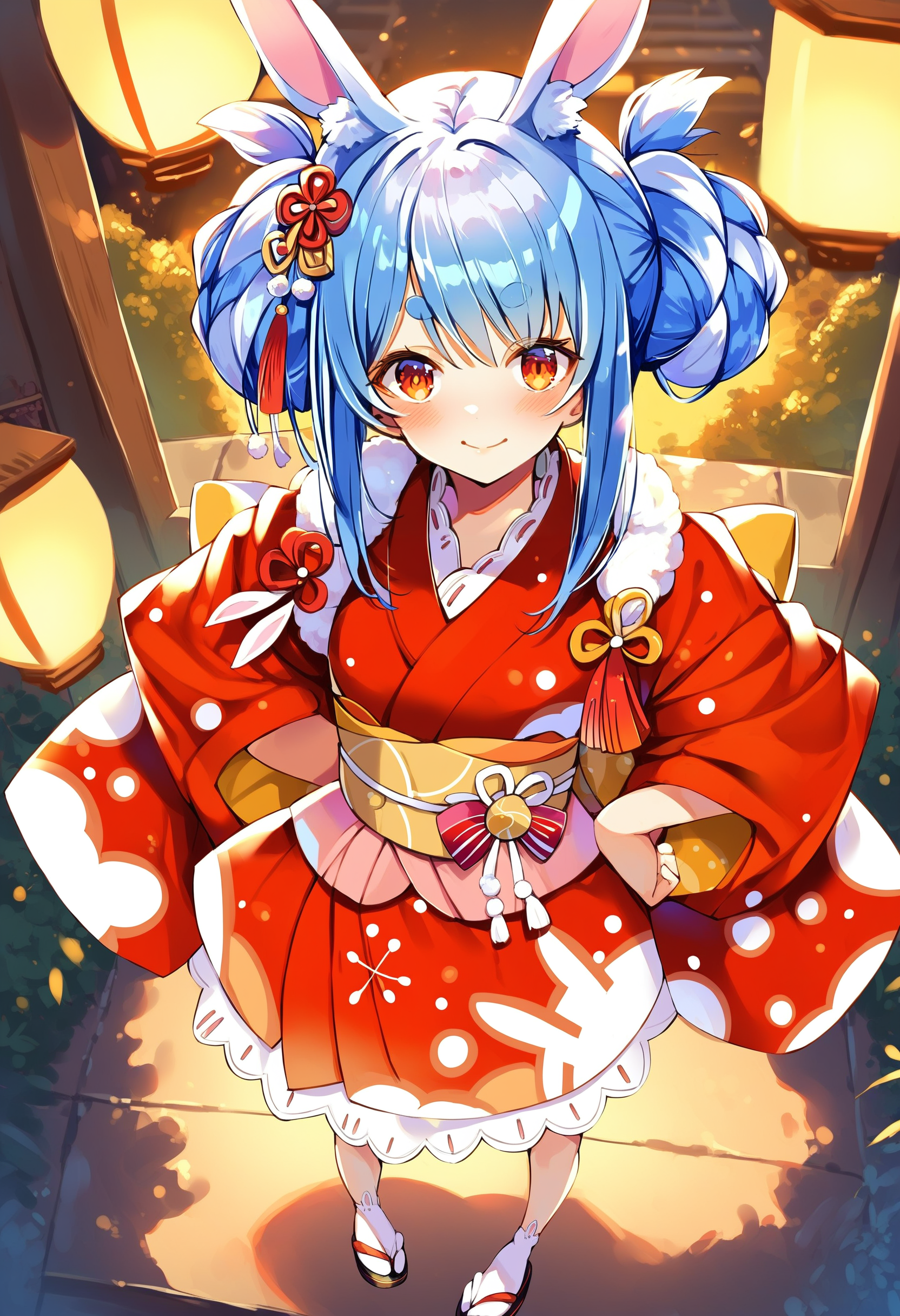 score_9, score_8_up, score_7_up, score_6_up, source anime,
usada pekora, rabbit girl, rabbit ears, animal ear fluff, rabbit tail, twin braids, thick eyebrows,
usada pekora newyear, official alternate costume, japanese clothes, red kimono, short kimono, sash,  tasuki, obi, sidelocks, tabi, short eyebrows, white socks, 
official alternate hairstyle, double bun, twin braids,
smile, looking at viewer, blush,closed mouth, full body, from above, hand on own hip, 
east asian architecture, outdoors, lantern
<lora:usada_pekora_v1:1>