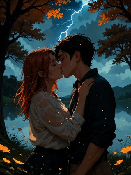 score_9, score_8_up, score_7_up,  BREAK, 3xpr3ss10n1st style, 1girl, 1boy, shirt, hugging, outdoors, sky, cloud, tree, night, glowing, cloudy sky, star \(sky\), night sky, storm, lightning, fog, twilight, kissing, raining, wet hair, wet clothe, wind, flower, leaf, autumn <lora:Abstract_Expressionist_Style:1>