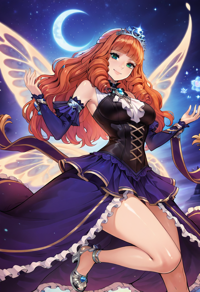 masterpiece, best quality, solo, curvy, beautiful eyes, narrow waist, wide hips, 1girl, solo, smile, looking at viewer, dynamic angle, foreshortening, close up,    zzGuinevere, green eyes, orange hair, blunt bangs, long hair, drill hair,   ,       <lora:GuinevereMLIXL:1.0>, [Starlight Fairy], deep midnight blue gown that sparkles with embedded stardust, silver constellation-patterned shawl flowing around her shoulders, luminous wings like glimmering constellations, shimmering silver tiara with a crescent moon, silver sandals with glowing straps, floating in a sky filled with twinkling stars, the moonlight reflecting off her gown,