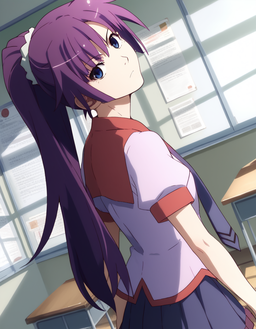 score_9, score_8_up, score_7_up, source_anime,
hitagisenjougahara, <lora:hitagi-senjougahara-anime-ponyxl-lora-nochekaiser:1>,
hitagi senjougahara, long hair, bangs, ponytail, sidelocks, scrunchie, blue eyes, purple hair,
skirt, thighhighs, school uniform, necktie, black thighhighs, zettai ryouiki, naoetsu high school uniform,
indoors, classroom, <lora:shaft-look-ponyxl-lora-nochekaiser:1>, shaft look, looking back, from behind, head tilt,  
ing at viewer, cowboy shot, dutch angle,