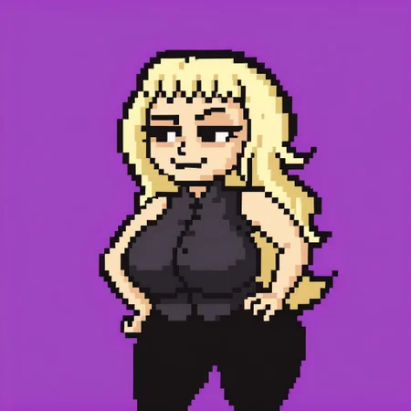 <lora:lisathepointless-v5.4_:1> by lisathepointless, solo, purple background, simple background, 1girl, huge breasts, dire, direpony, long hair, blonde hair, black eyes, wide hips, smug expression, hands on hips,black vest,black pants