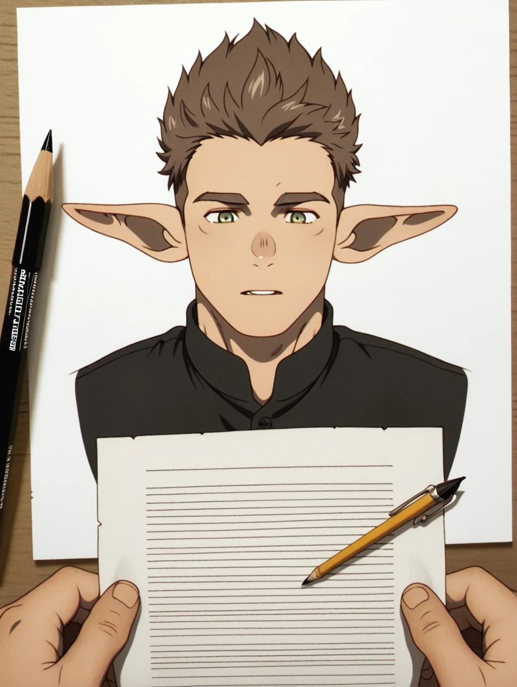 Kraft, green eyes, brown hair, short hair, pointy ears, 1 boy, solo, male focus, bara, masterpiece, best quality, amazing quality, graphite (medium), {{monochrome}, }, paper, art tools in frame, pencil, traditional media