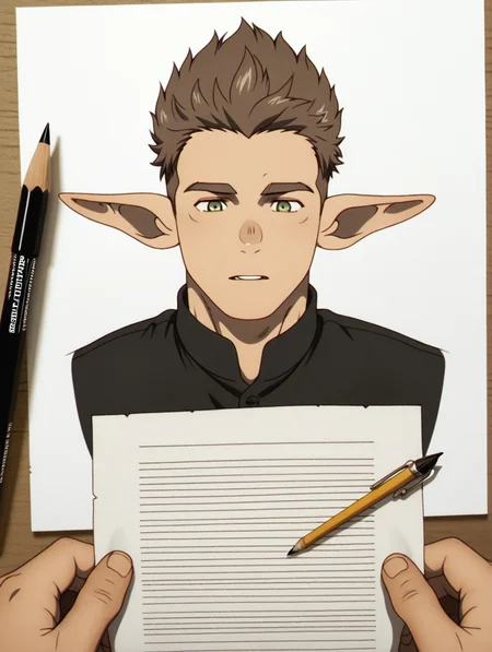 Kraft, green eyes, brown hair, short hair, pointy ears, 1 boy, solo, male focus, bara, masterpiece, best quality, amazing quality, graphite (medium), {{monochrome}, }, paper, art tools in frame, pencil, traditional media