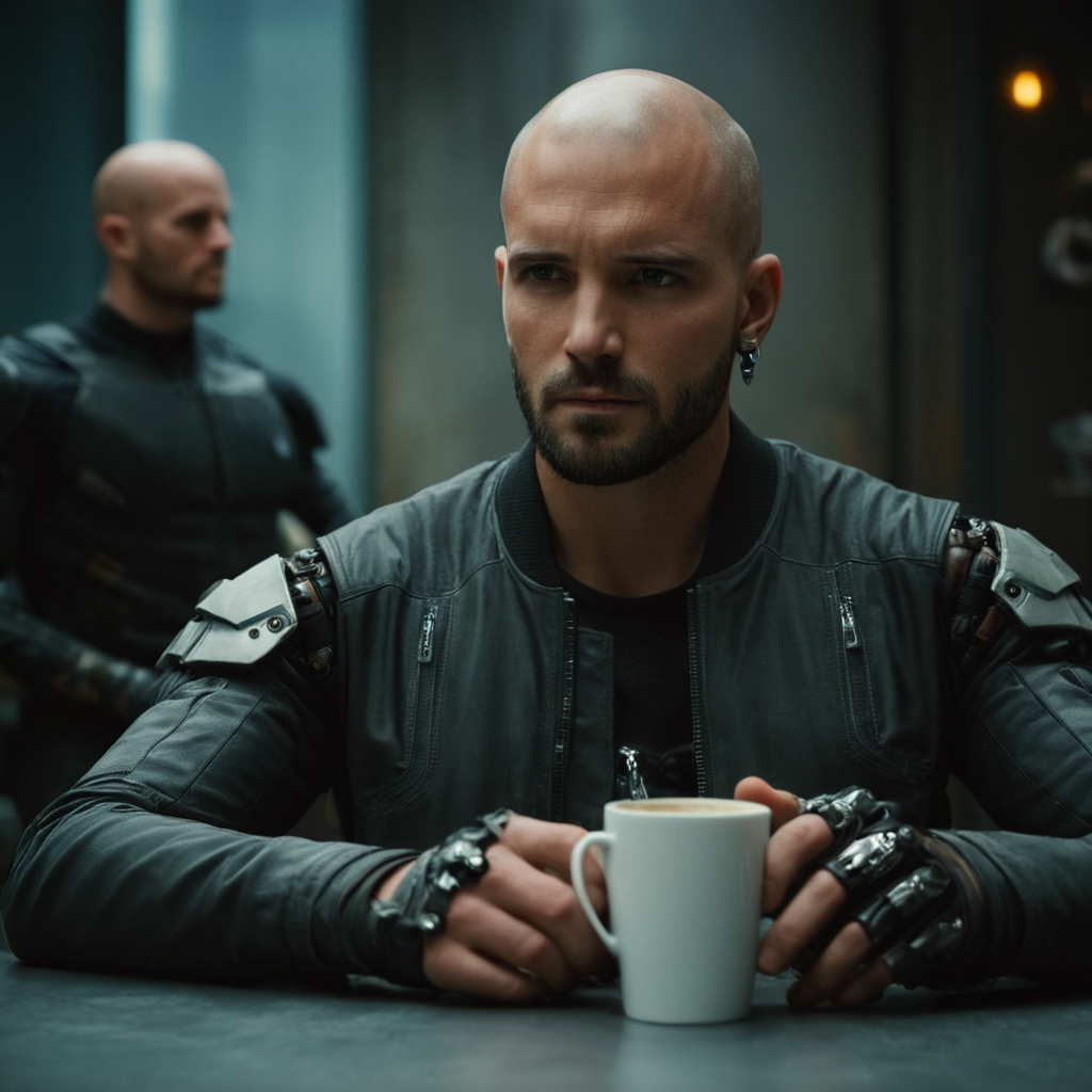 cinematic film still of  <lora:Cyberpunk Style:1>
a man sitting at a table with a cup of coffee,bionic,transhuman,Dystopia,Dystopian,kakotopia,Science fiction,high tech,low life,societal collapse,Artificial,Posthuman,future,futuristic,Artificial intelligence,Cyborg,genetically-enhanced humans,sci-fi,Cyberpunk Style,1boy,jewelry,sitting,jacket,male focus,earrings,multiple boys,solo focus,2boys,necklace,cup,facial hair,scar,eyepatch,science fiction,realistic,bald,mechanical arms,cyborg,single mechanical arm,dog tags,prosthesis,prosthetic arm,cyberpunk , Cyberpunk Style, shallow depth of field, vignette, highly detailed, high budget, bokeh, cinemascope, moody, epic, gorgeous, film grain, grainy