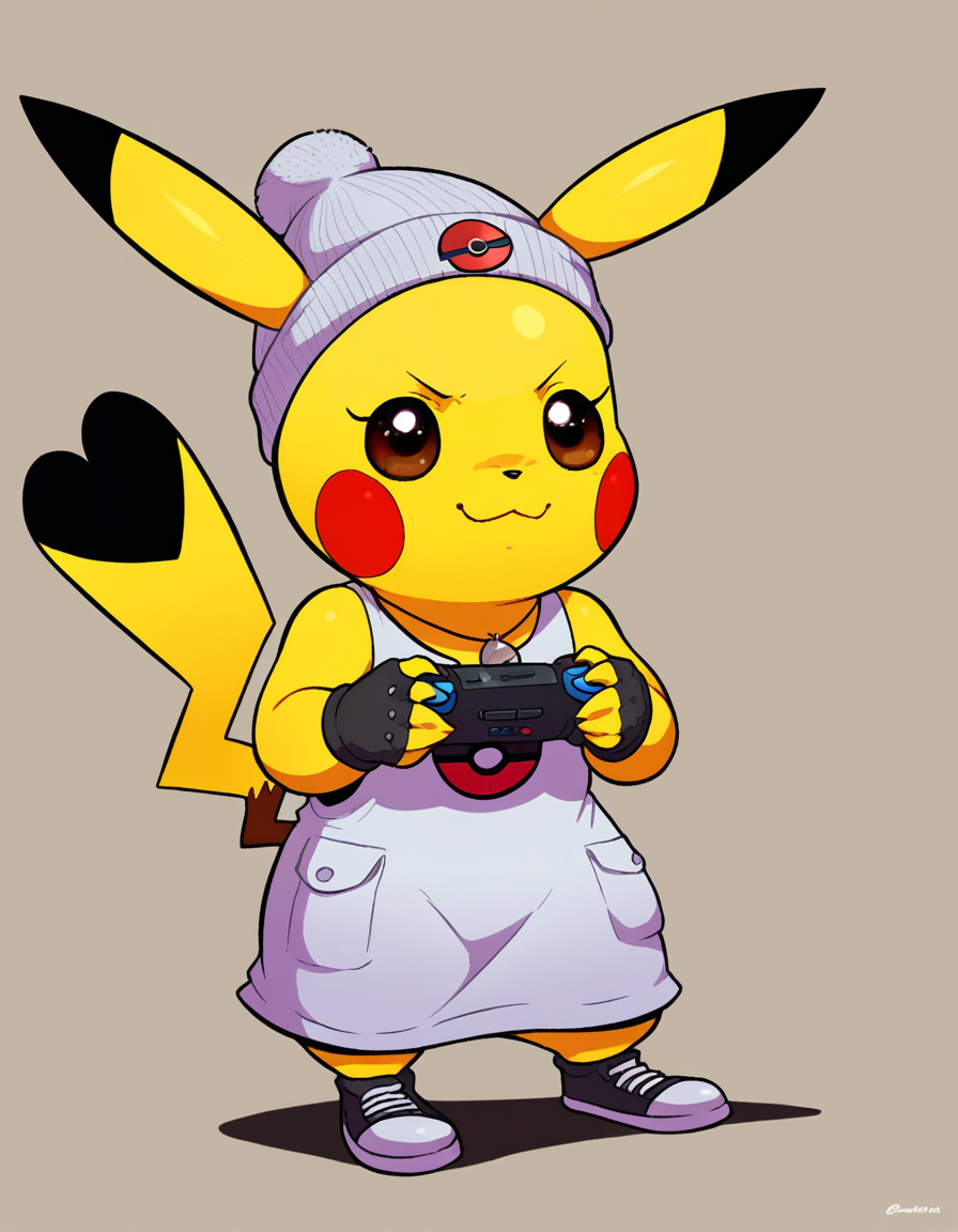zPDXL, score_9, score_8_up, score_7_up, score_6_up, score_5_up, source_anime, 4k, absurdres, 1girl, solo, 
<lora:Cosplaychu_v1-1-20:0.8>, cosplay pikachu, pokemon \(creature\), pikachu ears, pikachu tail, feral, eyelashes, shortstack, flat chest,
gamer wearing a silver cosplay dress with themed elements with game logo, high-top sneakers, fingerless gloves,cool beanie,gaming necklace, holding a game controller, gaming console,
