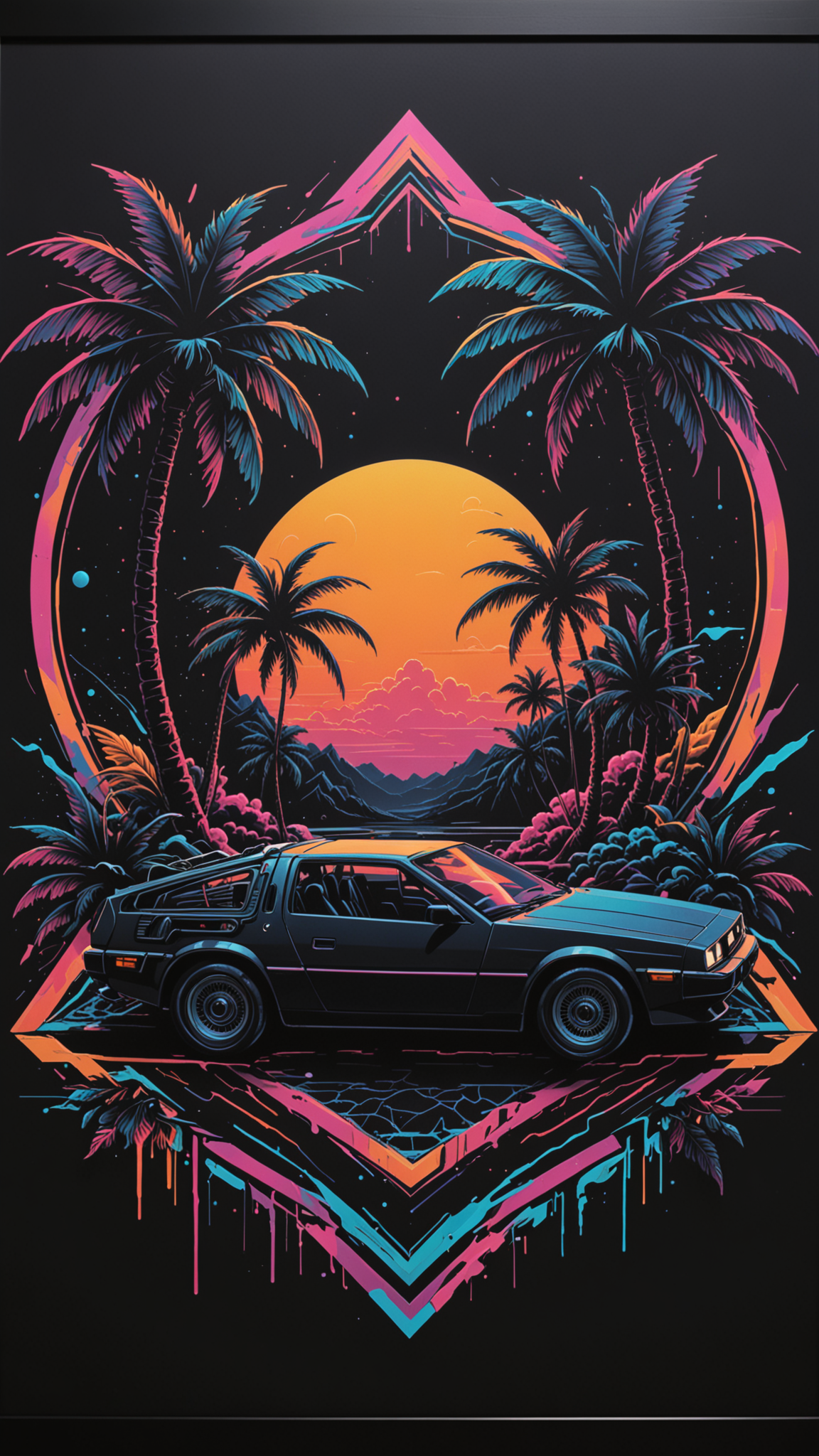 "a minimalist and high-contrast print design inspired by the Vaporwave genre and the aesthetics of the 80s. Utilize vibrant neon colors against a dark background to evoke a retro-futuristic feel. (Incorporate the Delorean Car from Back to the future movie), iconic symbols such as palm trees and emphasize geometric shapes and sharp lines for a sleek and modern look. Deep Black colours, Keep the design clean and focused, capturing the essence of Vaporwave's nostalgic vibe with a contemporary twist." <lora:3D_Framed_Wall_Art_-_By_DICE:1>, (Framed 3D, Vaporwave),