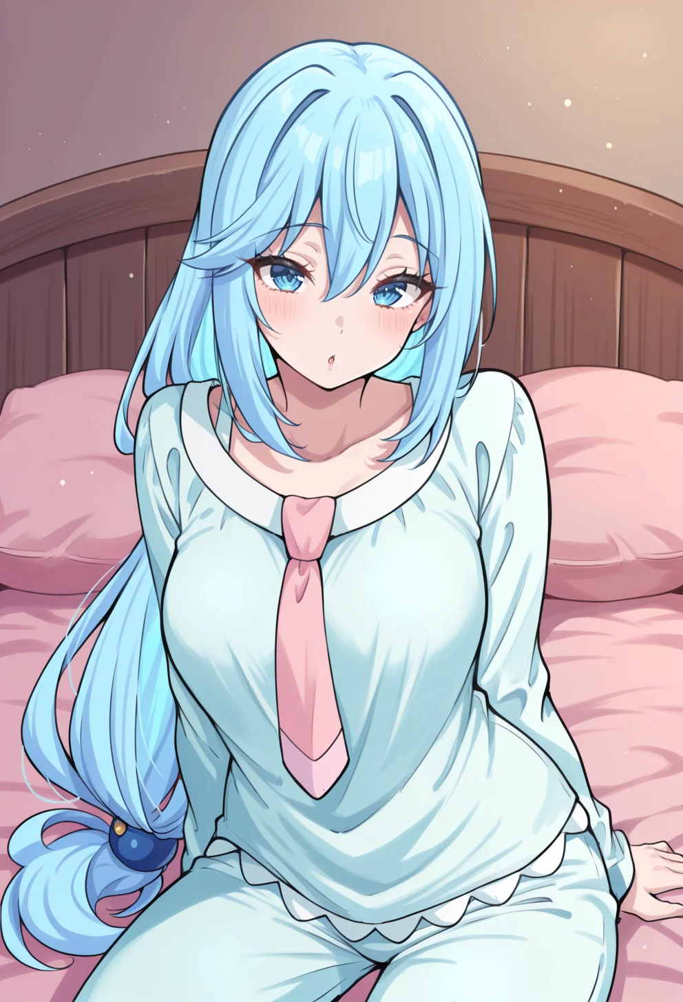 masterpiece, best quality, high quality, anime, <lora:AEAquaIlx:1> AEAquaPaj, blue eyes, blue hair, hair ornament, low-tied long hair, pajamas, pink necktie,