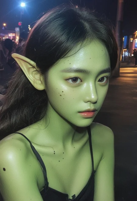 score_9, score_8_up, score_7_up, score_6_up, krgrl, korean girl, cute korean girl, photo, grainy, amateur, lowres, 2000s nostalgia, webcam photo, flash, 1girl, Gith, pointed ears, spots on skin, flat nose, green skin, fantasy, dungeon background